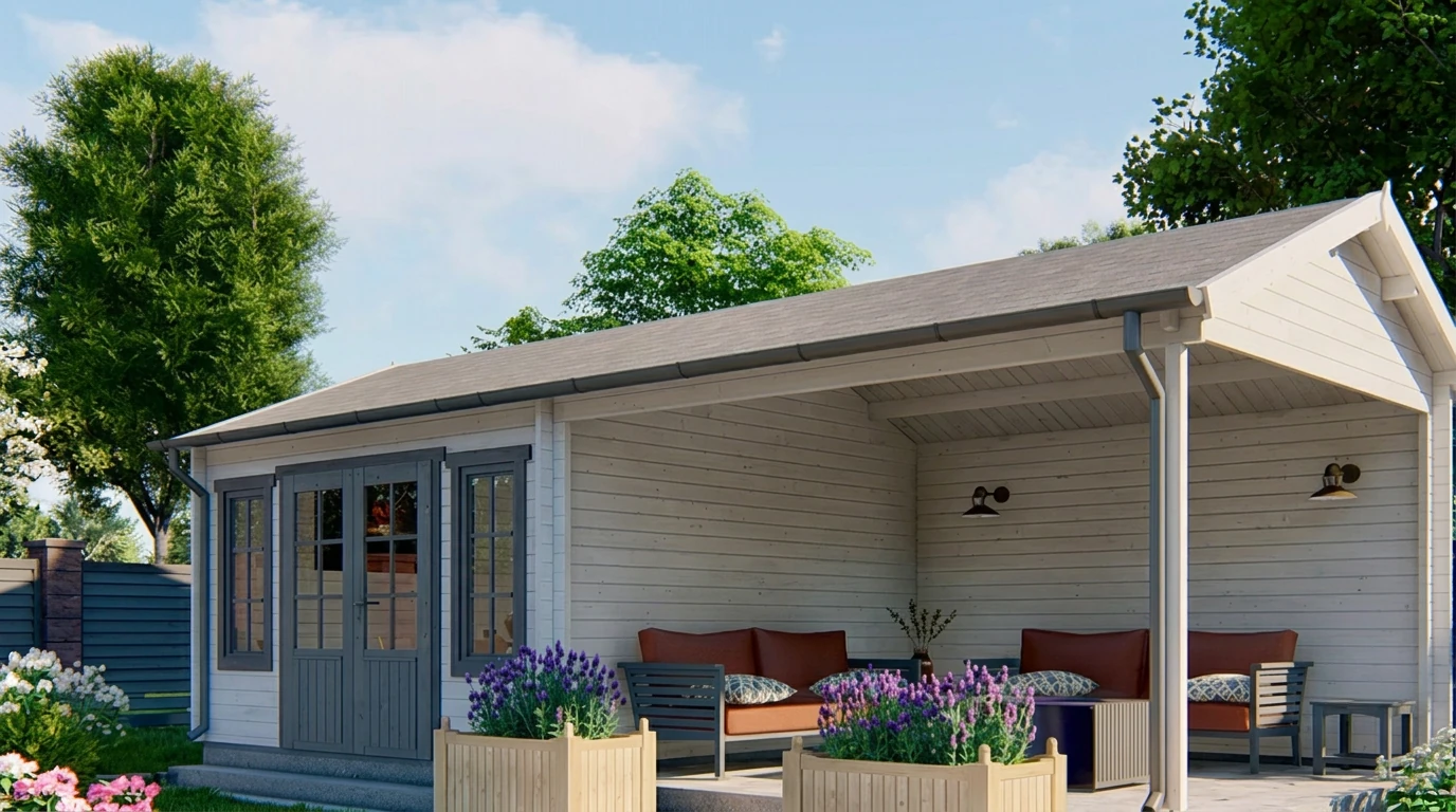Het overdekte terras van de hut